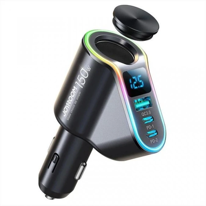 Joyroom szybka ładowarka samochodowa 4w1 USB‑A QC3.0 / 2xUSB‑C PD 150W czarna