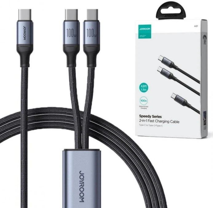 Kabel 2w1 USB‑C / 2x USB‑C Joyroom Speedy SA21‑1T2 150cm 100W w oplocie czarny