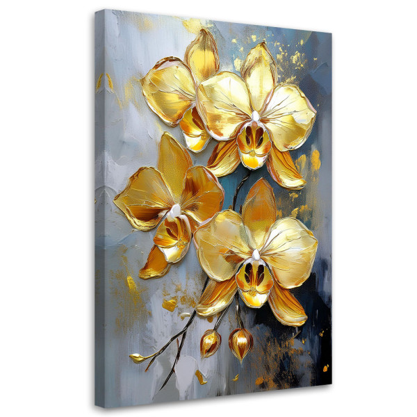 Feeby Obraz na płótnie, Złote Storczyki Kwiaty Glamour 60x90 486578
