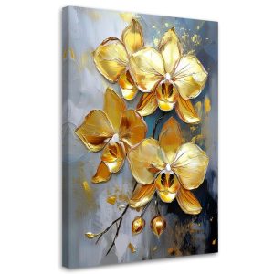 Feeby Obraz na płótnie, Złote Storczyki Kwiaty Glamour 80×120 485124 Feeby Obraz na płótnie, Złote Storczyki Kwiaty Glamour 80×120 485124