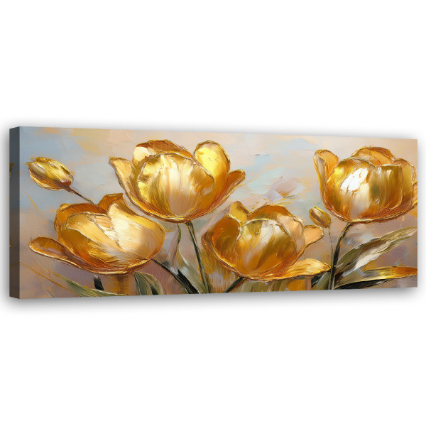 Feeby Obraz na płótnie, Złote Tulipany Kwiaty Malowane 150x50 484029