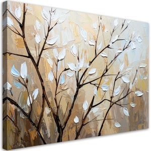 Feeby Obraz nowoczesny do salonu Białe, Liście Gałązki w beżu 90×60 781093 Feeby Obraz nowoczesny do salonu Białe, Liście Gałązki w beżu 90×60 781093