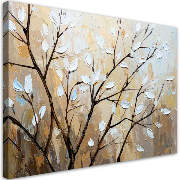 Feeby Obraz nowoczesny do salonu Białe, Liście Gałązki w beżu 90x60 781093
