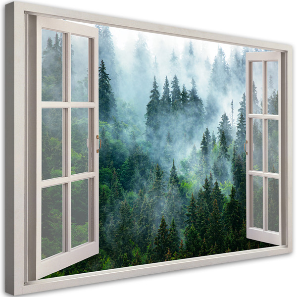 Feeby Obraz, Okno Zielony las we mgle natura 90x60 327064