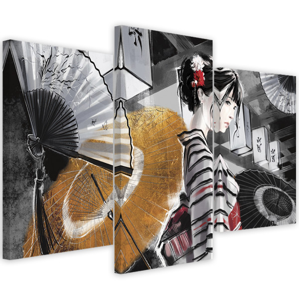 Feeby Obraz tryptyk na płótnie Gejsza z wachlarzem 423765