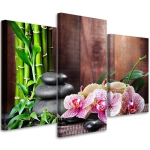 Feeby Obraz tryptyk na płótnie Orchidea i kamienie 60×40 409454 Feeby Obraz tryptyk na płótnie Orchidea i kamienie 60×40 409454