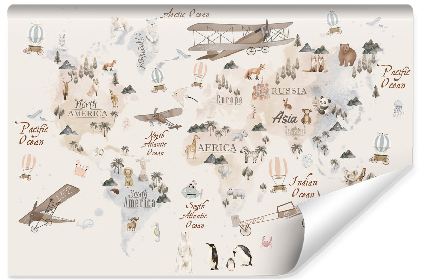 Fototapeta MAPA ŚWIATA Zwierzątka Samoloty 180x120cm 243145