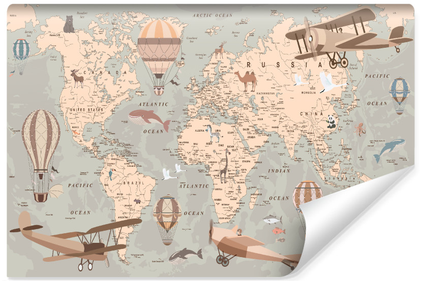 Fototapeta Mapa Świata Zwierzęta Samoloty Balony 368x280cm 87581