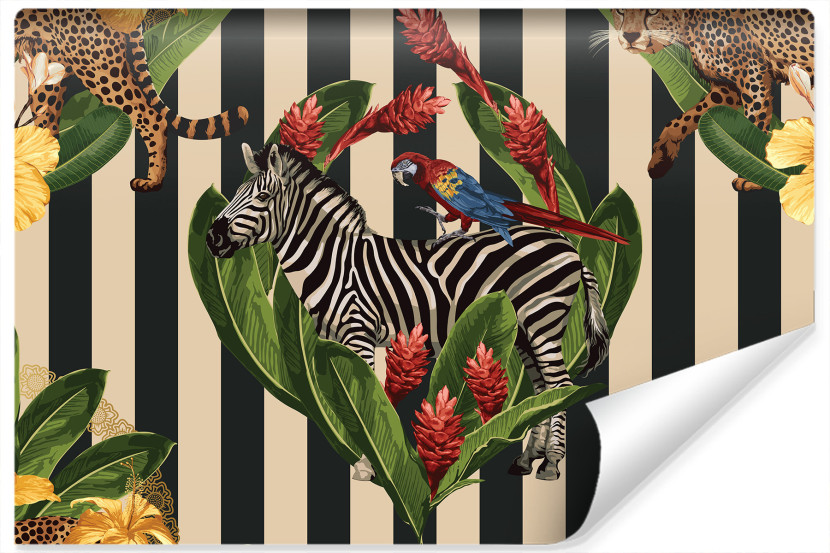 Fototapeta Ozdobna ZEBRA Kwiaty Liście 3D 254x184cm 258788
