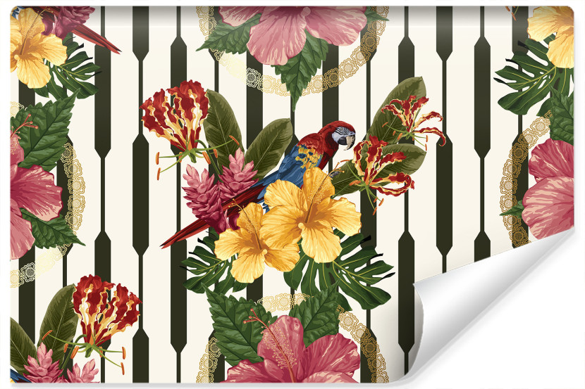 Fototapeta Styl Retro PAPUGI Kwiaty Liście 152.5x104cm 255527