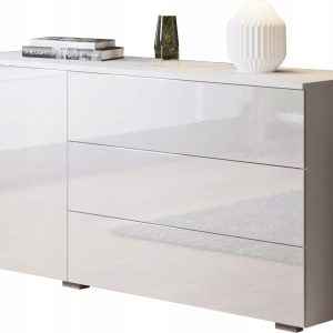 Komoda 110 cm do salonu/sypialni z 3 szufladami i szafką, biały mat/połysk 125248 Komoda 110 cm do salonu/sypialni z 3 szufladami i szafką, biały mat/połysk 125248