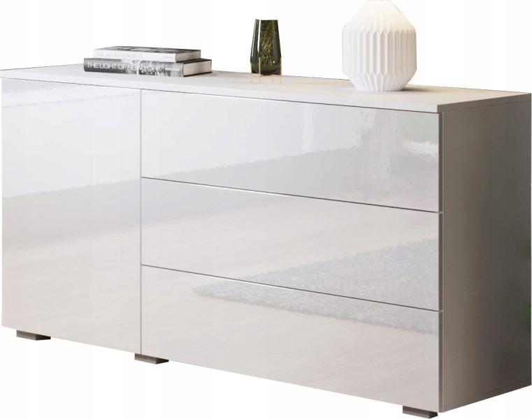 Komoda 110 cm do salonu/sypialni z 3 szufladami i szafką, biały mat/połysk 125248