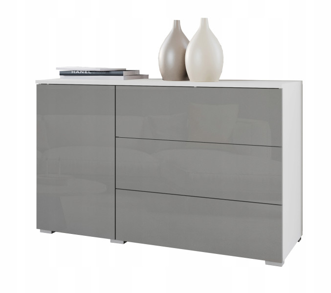 Komoda 110 cm do salonu/sypialni z 3 szufladami i szafką biały/szary połysk 804650