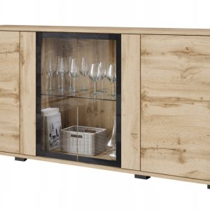 Komoda 150 cm do salonu nowoczesna witryna ze szkłem i szuflady wotan mat 804540 Komoda 150 cm do salonu nowoczesna witryna ze szkłem i szuflady wotan mat 804540