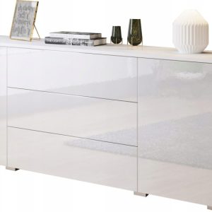 Komoda 150 cm do salonu/sypialni z 3 szufladami i szafkami biały mat/połysk 125395 Komoda 150 cm do salonu/sypialni z 3 szufladami i szafkami biały mat/połysk 125395