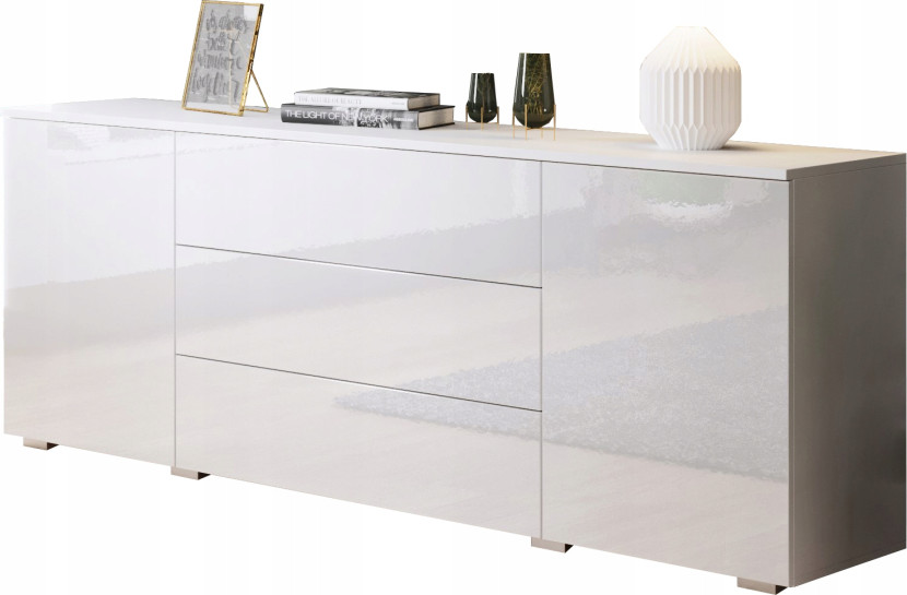 Komoda 150 cm do salonu/sypialni z 3 szufladami i szafkami biały mat/połysk 125395