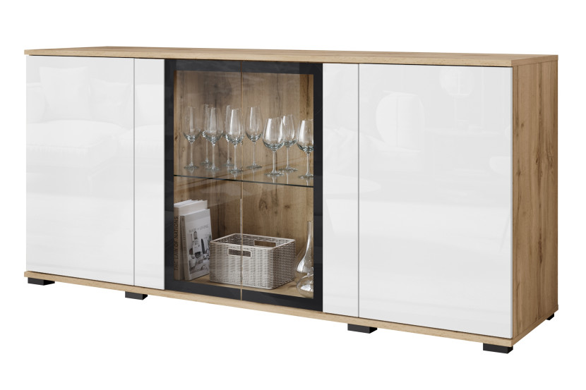 Komoda 150 cm do salonu, witryna ze szkłem i szuflady, wotan/biały połysk 804539
