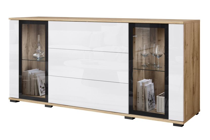 Komoda 150 cm do salonu, witryna ze szkłem i szuflady, wotan/biały połysk 804534