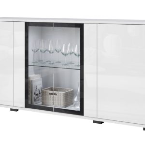 Komoda 150 cm do salonu witryna ze szkłem, szuflady półki, biały mat/połysk 804538 Komoda 150 cm do salonu witryna ze szkłem, szuflady półki, biały mat/połysk 804538