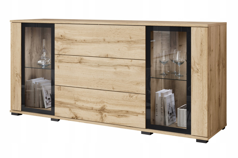 Komoda 150 cm nowoczesna witryna ze szkłem i szuflady wotan mat z LED 807436