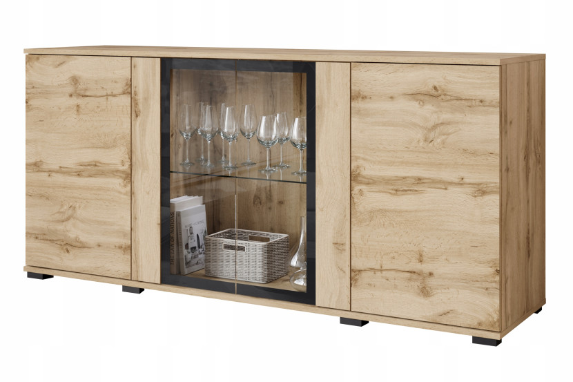 Komoda 150 cm, nowoczesna witryna ze szkłem i szuflady wotan mat z LED 807427
