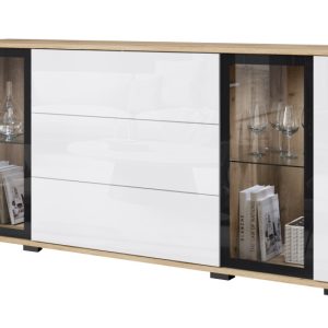 Komoda 150 cm witryna ze szkłem i szuflady, wotan/biały połysk z LED 807442 Komoda 150 cm witryna ze szkłem i szuflady, wotan/biały połysk z LED 807442