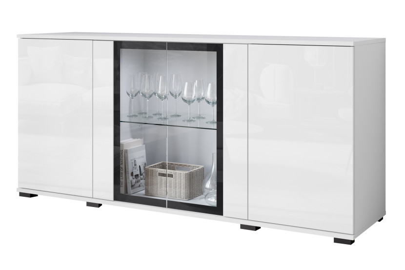 Komoda 150 cm, witryna ze szkłem, szuflady półki, biały mat/połysk z LED 807440