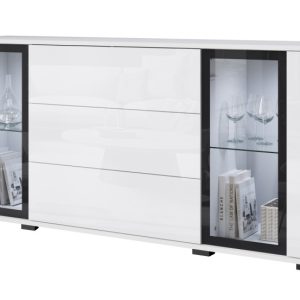 Komoda 150 cm witryna ze szkłem, szuflady półki, biały mat/połysk z LED 807425 Komoda 150 cm witryna ze szkłem, szuflady półki, biały mat/połysk z LED 807425