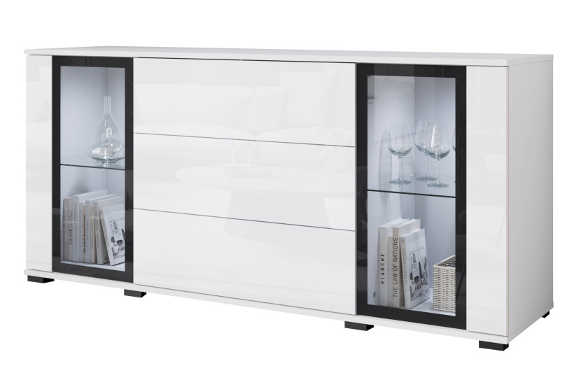 Komoda 150 cm witryna ze szkłem, szuflady półki, biały mat/połysk z LED 807425