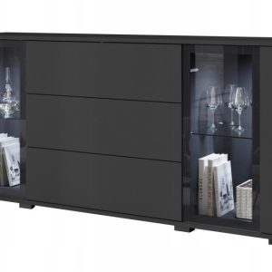 Komoda 150 cm witryna ze szkłem, szuflady, połki, czarny mat z LED 807444 Komoda 150 cm witryna ze szkłem, szuflady, połki, czarny mat z LED 807444
