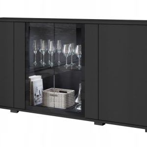 Komoda 150 cm, witryna ze szkłem, szuflady, połki, czarny mat z LED 807431 Komoda 150 cm, witryna ze szkłem, szuflady, połki, czarny mat z LED 807431