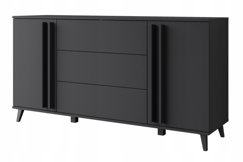 Komoda 150 do salonu nóżki, nowoczesna, 3 szuflady i 2 szafki, czarny mat 804653