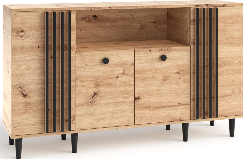 Komoda 160 cm na nóżkach do salonu LERON czterodrzwiowa dąb artisan 996430