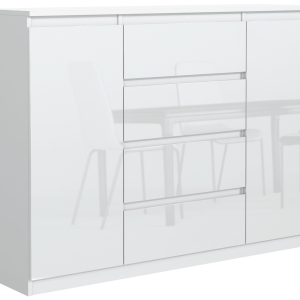 Komoda 2 drzwi 4 szuflady 140cm biała front połysk 713745 Komoda 2 drzwi 4 szuflady 140cm biała front połysk 713745