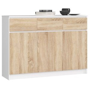 Komoda, 3 szuflady, 3 drzwi, ATLAS, 140x40x99, biel, sonoma | TYLETEGOTU 985393 Komoda, 3 szuflady, 3 drzwi, ATLAS, 140x40x99, biel, sonoma | TYLETEGOTU 985393