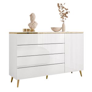 Komoda AURORA 4S1D biały połysk nogi skośne złoty chrom 220908 Komoda AURORA 4S1D biały połysk nogi skośne złoty chrom 220908
