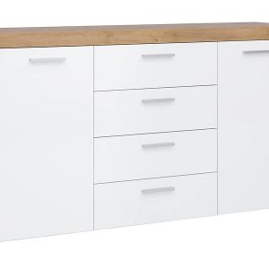 Komoda Balder 155 cm z 2 drzwiami i 4 szufladami dąb riviera/biały połysk 20219 Komoda Balder 155 cm z 2 drzwiami i 4 szufladami dąb riviera/biały połysk 20219