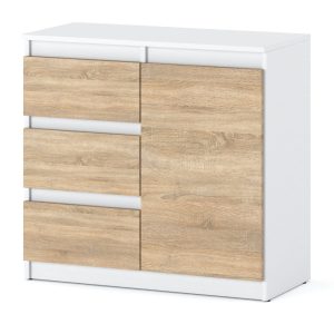 Komoda biała drewniana nowoczesna 80cm 3 szuflady dąb sonoma 376176