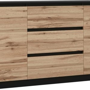 Komoda, Czarny Matowy, Dąb Wotan, 120 x 78 x 39 cm, 2 drzwi, 3 szuflady 352352 Komoda, Czarny Matowy, Dąb Wotan, 120 x 78 x 39 cm, 2 drzwi, 3 szuflady 352352