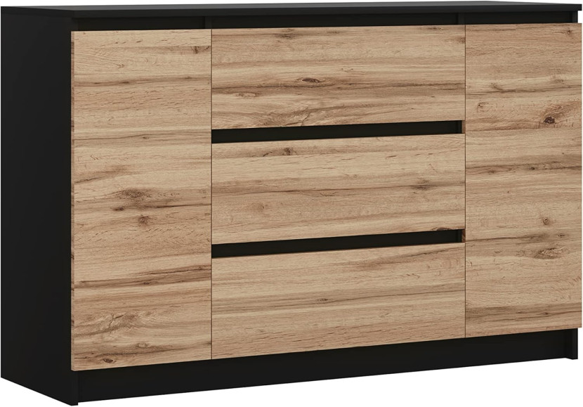 Komoda, Czarny Matowy, Dąb Wotan, 120 x 78 x 39 cm, 2 drzwi, 3 szuflady 352352