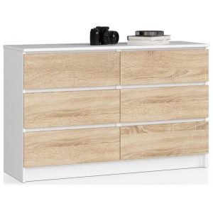 Komoda do salonu, 6 szuflad, STILO, 120x40x77, biel, sonoma | TYLETEGOTU 988921