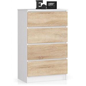 Komoda do sypialni, 4 szuflady, STILO, 60 cm, biel, sonoma | TYLETEGOTU 988888 Komoda do sypialni, 4 szuflady, STILO, 60 cm, biel, sonoma | TYLETEGOTU 988888