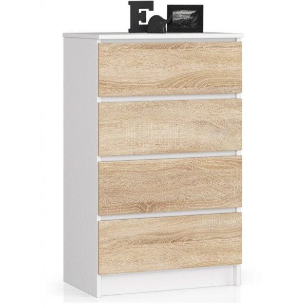 Komoda do sypialni, 4 szuflady, STILO, 60 cm, biel, sonoma | TYLETEGOTU 988888
