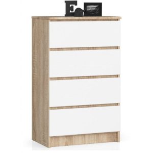 Komoda do sypialni, 4 szuflady, STILO, 60 cm, sonoma, biel | TYLETEGOTU 988852 Komoda do sypialni, 4 szuflady, STILO, 60 cm, sonoma, biel | TYLETEGOTU 988852