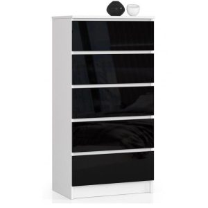 Komoda do sypialni, 5 szuflad, STILO, 60x40x121, biel, czarny | TYLETEGOTU 988872 Komoda do sypialni, 5 szuflad, STILO, 60x40x121, biel, czarny | TYLETEGOTU 988872