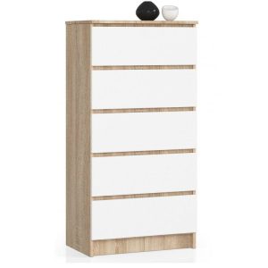 Komoda do sypialni, 5 szuflad, STILO, 60x40x121, sonoma, biel | TYLETEGOTU 988821 Komoda do sypialni, 5 szuflad, STILO, 60x40x121, sonoma, biel | TYLETEGOTU 988821