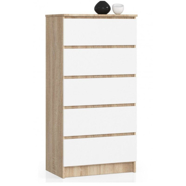 Komoda do sypialni, 5 szuflad, STILO, 60x40x121, sonoma, biel | TYLETEGOTU 988821