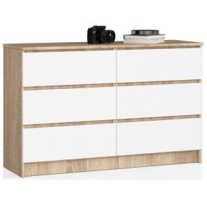 Komoda do sypialni, 6 szuflad, STILO, 120 cm, sonoma, biel | TYLETEGOTU 988810