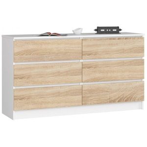 Komoda do sypialni, 6 szuflad, STILO, 140x40x77, biel, sonoma | TYLETEGOTU 988916