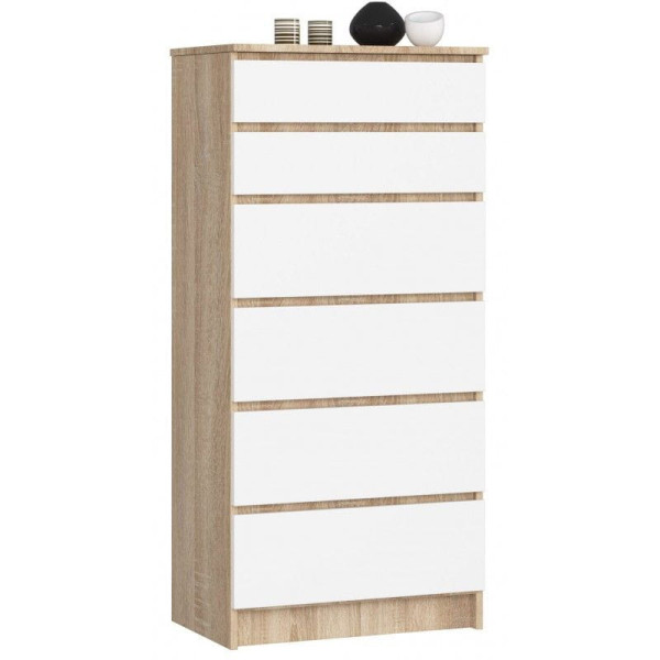 Komoda do sypialni, 6 szuflad, STILO, 60x40x130, sonoma, biel | TYLETEGOTU 988801